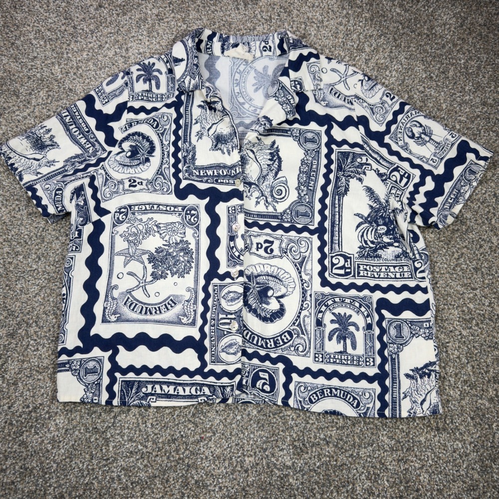 Nicole Miller Artelier Navy White Postage Stamp Linen Blend Button Down Shirt L